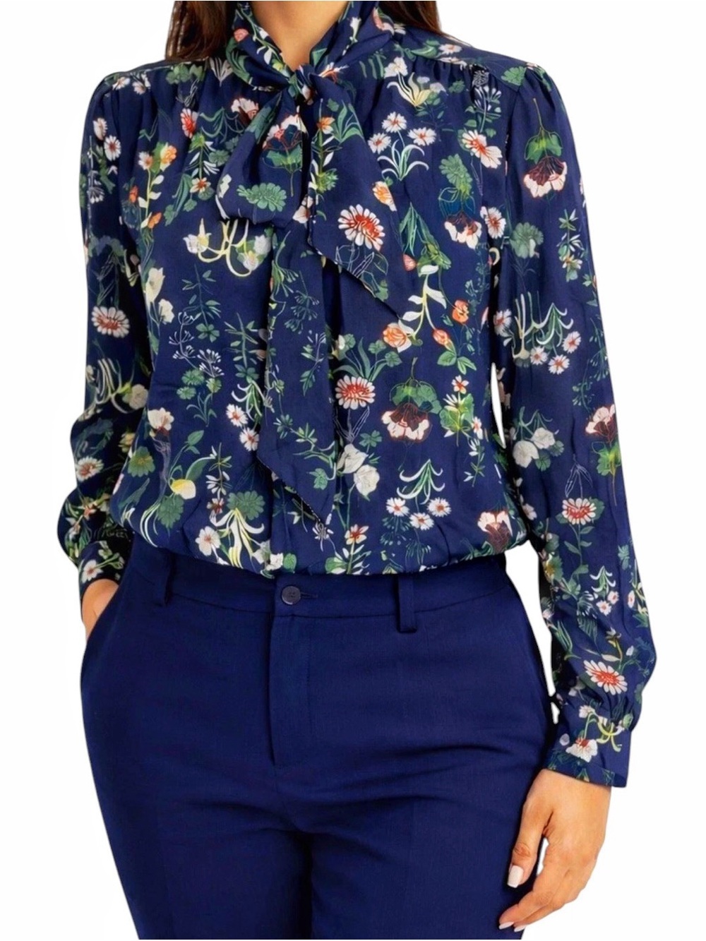 Ann Taylor Loft Small Blue Multicolor Floral Print Tie Neck Blouse